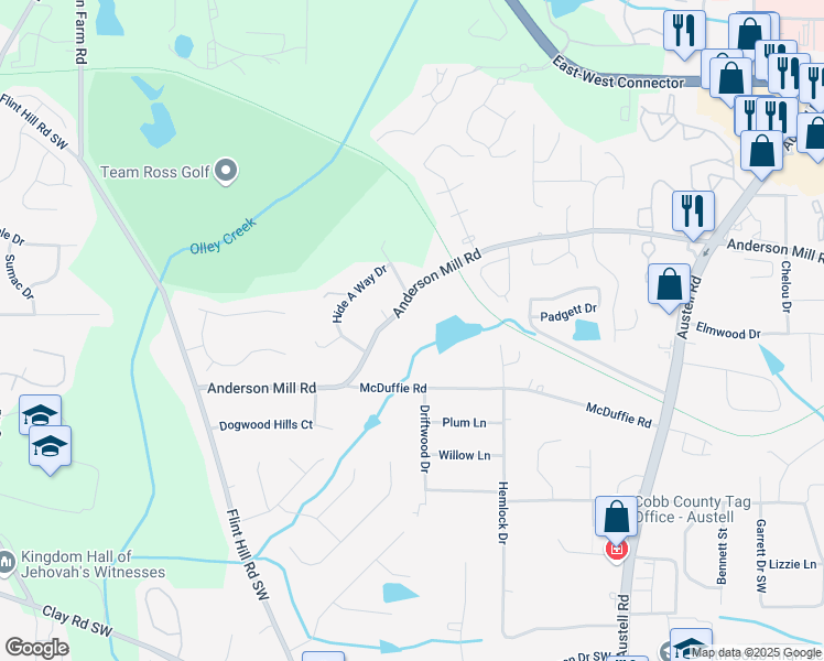 map of restaurants, bars, coffee shops, grocery stores, and more near 2305 Anderson Mill Road in Austell