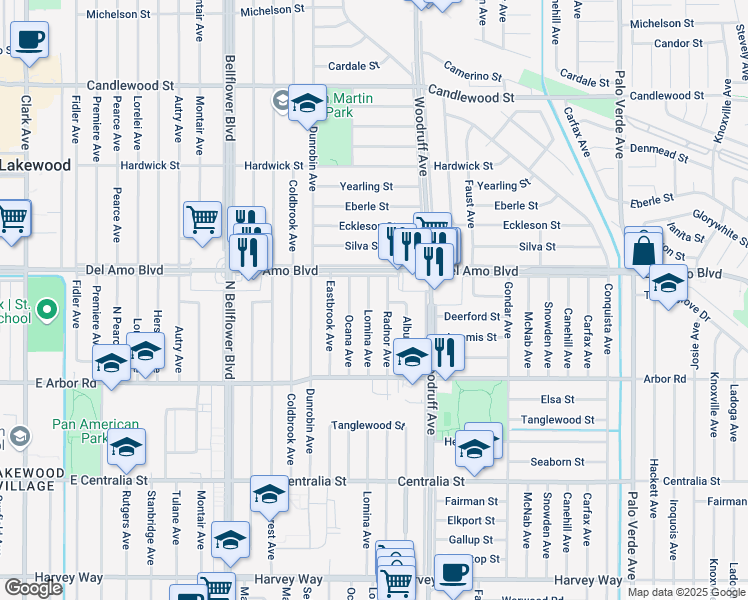 map of restaurants, bars, coffee shops, grocery stores, and more near 4838 Lomina Avenue in Lakewood