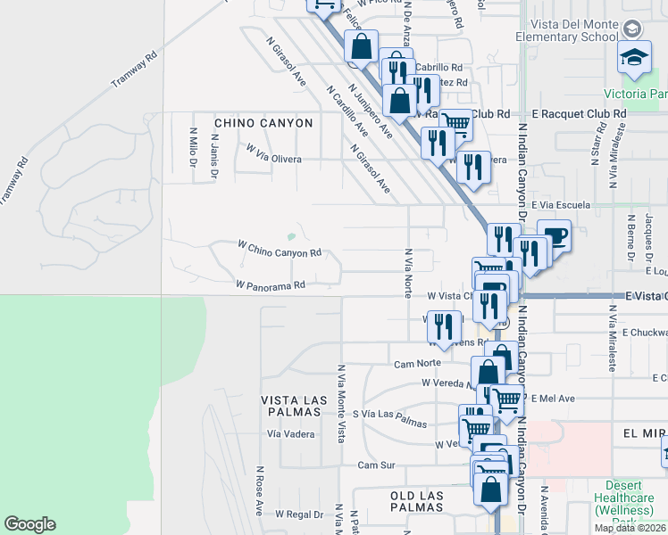 map of restaurants, bars, coffee shops, grocery stores, and more near 623 West Chino Canyon Road in Palm Springs