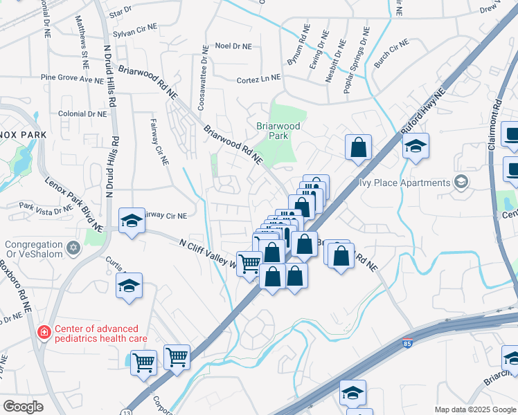 map of restaurants, bars, coffee shops, grocery stores, and more near 1369 Keys Crossing Drive Northeast in Atlanta
