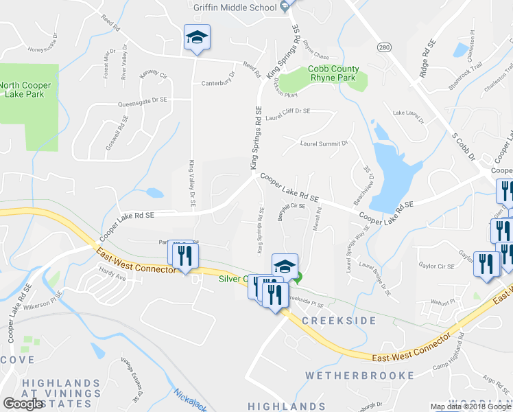 map of restaurants, bars, coffee shops, grocery stores, and more near 4470 King Springs Road Southeast in Smyrna