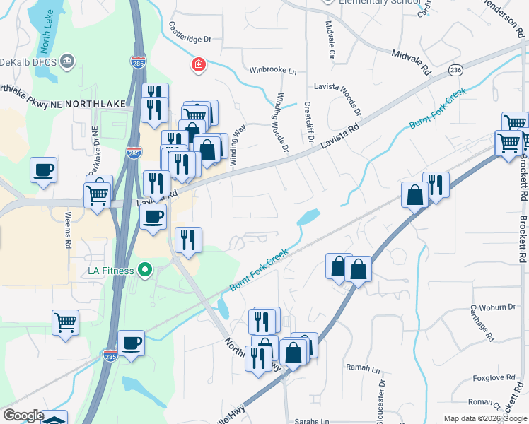 map of restaurants, bars, coffee shops, grocery stores, and more near 2041 Lavista Circle in Tucker