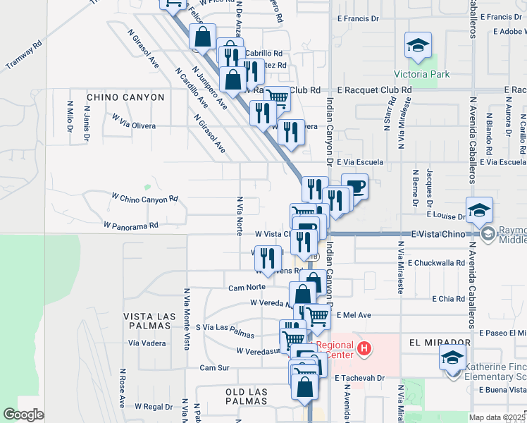 map of restaurants, bars, coffee shops, grocery stores, and more near 350 West Chino Canyon Road in Palm Springs