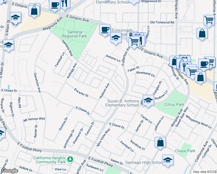 map of restaurants, bars, coffee shops, grocery stores, and more near 2633 Hudson Avenue in Corona