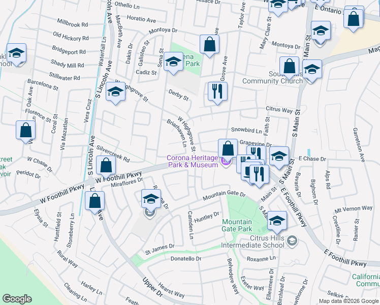 map of restaurants, bars, coffee shops, grocery stores, and more near 740 Avenida Del Sol in Corona
