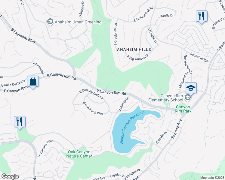 map of restaurants, bars, coffee shops, grocery stores, and more near 7300 East Singingwood Drive in Anaheim