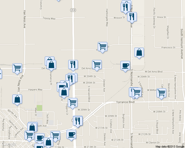 map of restaurants, bars, coffee shops, grocery stores, and more near 1567 West 204th Street in Torrance