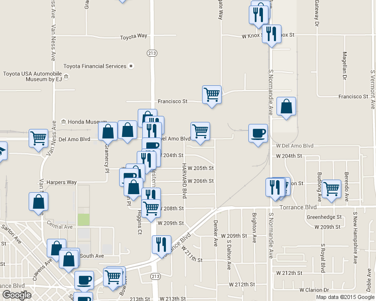 map of restaurants, bars, coffee shops, grocery stores, and more near 1567 West 204th Street in Torrance