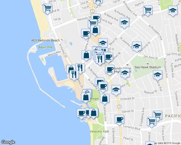 map of restaurants, bars, coffee shops, grocery stores, and more near 415 North Broadway in Redondo Beach