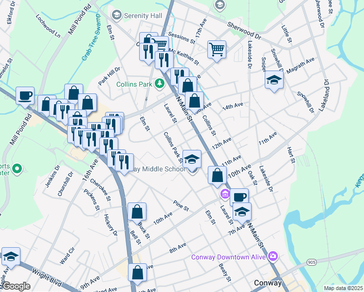 map of restaurants, bars, coffee shops, grocery stores, and more near 1300 Collins Park Street in Conway