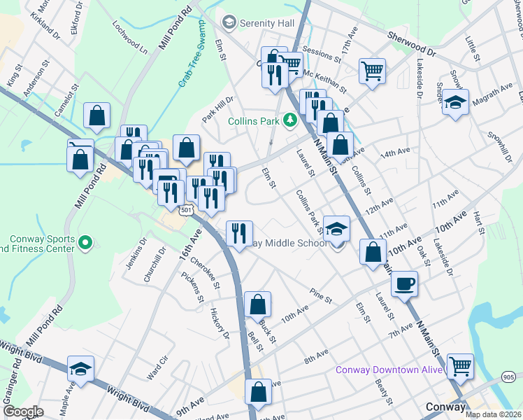 map of restaurants, bars, coffee shops, grocery stores, and more near 1209 Pinewood Circle in Conway