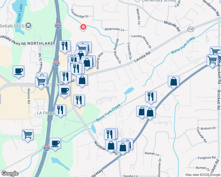 map of restaurants, bars, coffee shops, grocery stores, and more near 2041 Lavista Circle in Tucker