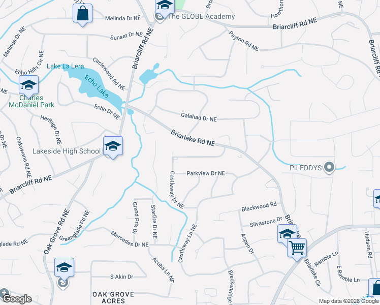 map of restaurants, bars, coffee shops, grocery stores, and more near 2706 Briarlake Woods Way Northeast in Atlanta