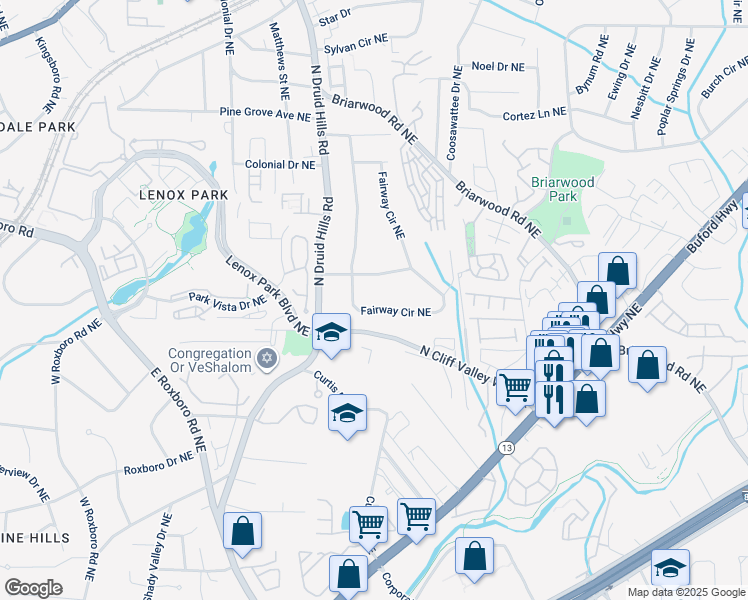 map of restaurants, bars, coffee shops, grocery stores, and more near 2111 Fairway Circle Northeast in Atlanta