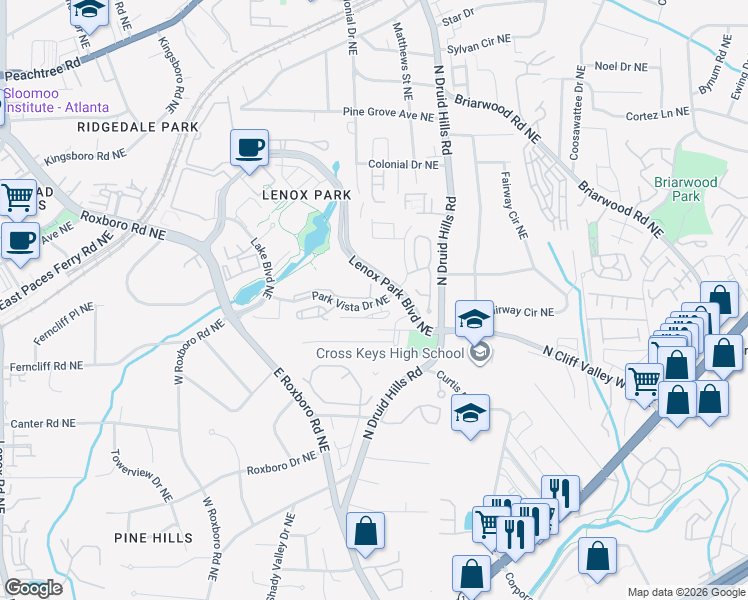 map of restaurants, bars, coffee shops, grocery stores, and more near Berkshire Apartments in Brookhaven