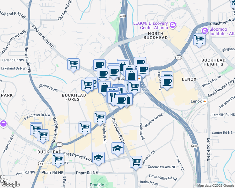 map of restaurants, bars, coffee shops, grocery stores, and more near 3322 Peachtree Road Northeast in Atlanta