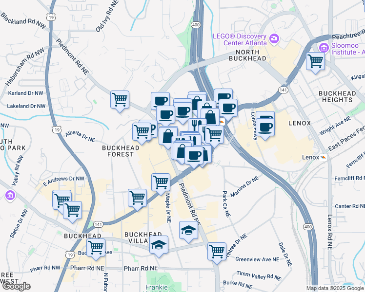 map of restaurants, bars, coffee shops, grocery stores, and more near 3322 Peachtree Road Northeast in Atlanta
