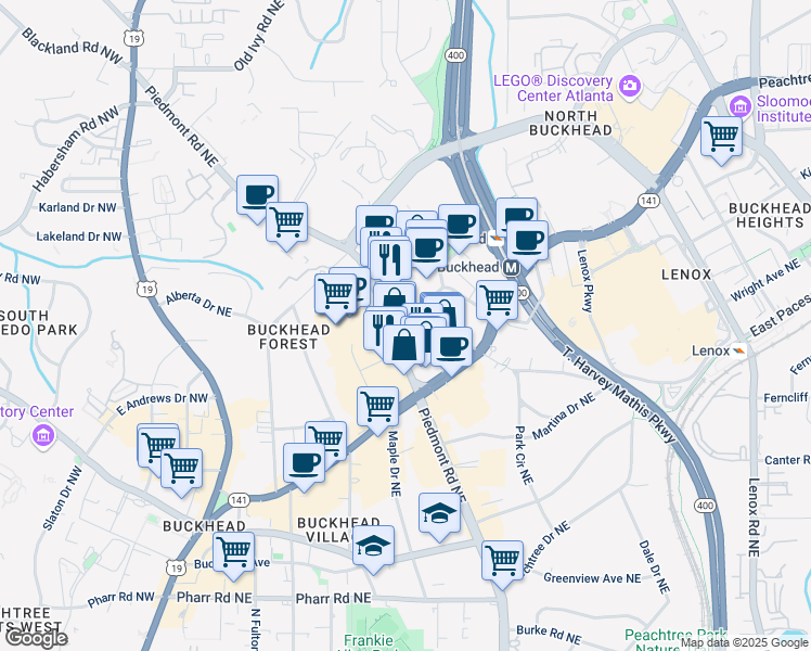 map of restaurants, bars, coffee shops, grocery stores, and more near 3333 Piedmont Road Northeast in Atlanta