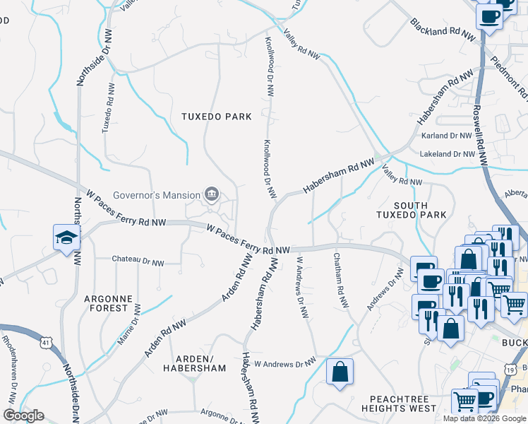 map of restaurants, bars, coffee shops, grocery stores, and more near 3330 Habersham Road Northwest in Atlanta