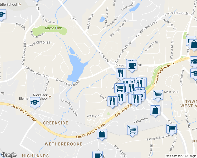 map of restaurants, bars, coffee shops, grocery stores, and more near 4542 Coopers Creek Place Southeast in Smyrna