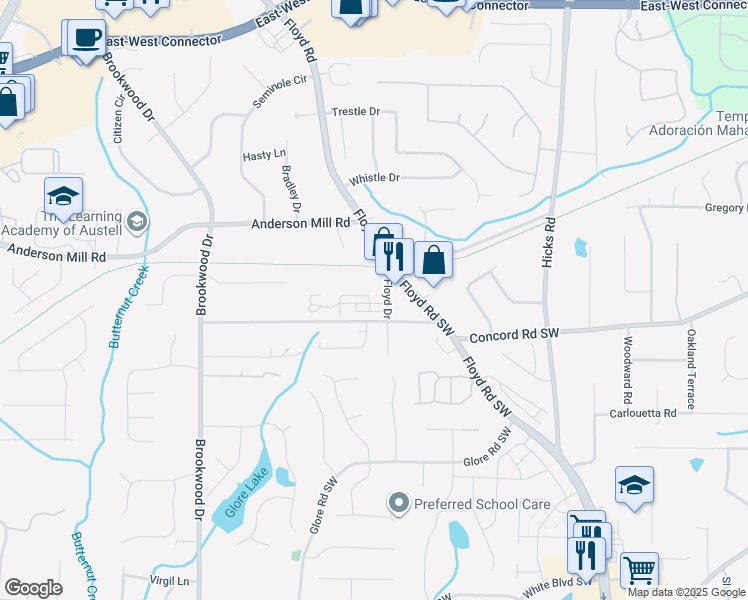 map of restaurants, bars, coffee shops, grocery stores, and more near 1140 Parktown Drive Southwest in Mableton