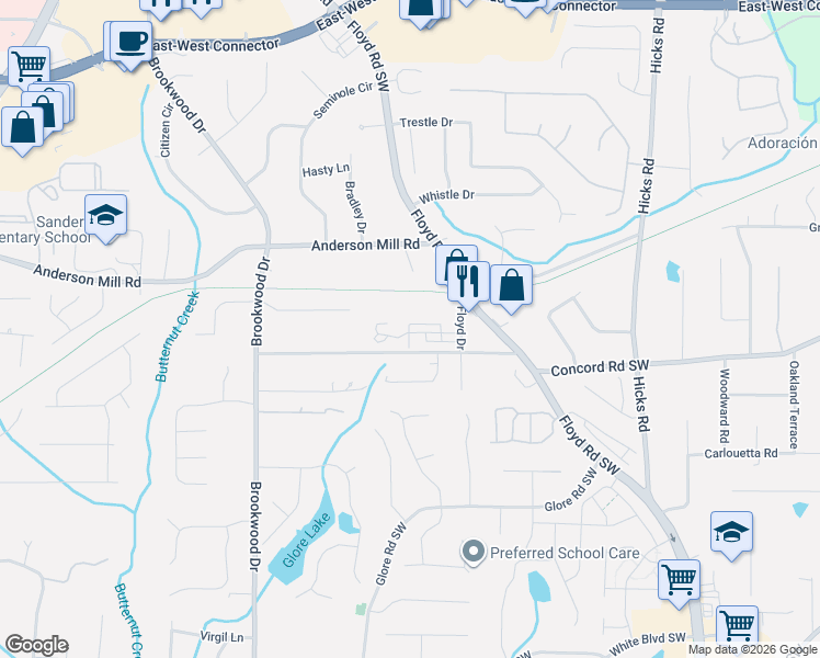 map of restaurants, bars, coffee shops, grocery stores, and more near 1240 Parktown Drive Southwest in Mableton