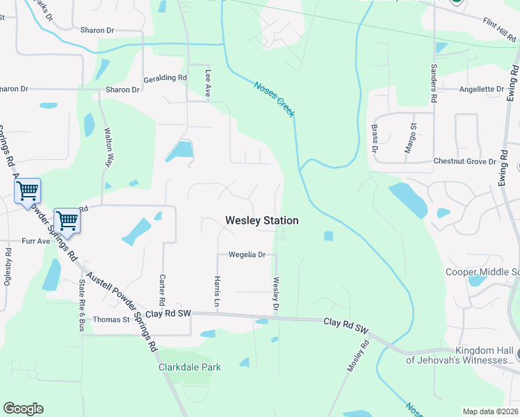 map of restaurants, bars, coffee shops, grocery stores, and more near 4488 Wesley Way in Austell