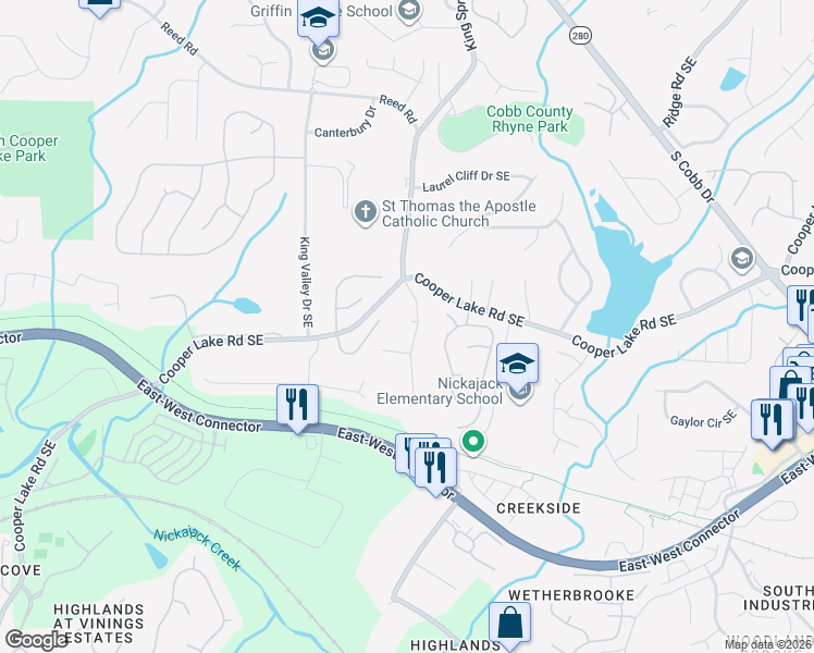 map of restaurants, bars, coffee shops, grocery stores, and more near 4470 King Springs Road Southeast in Smyrna