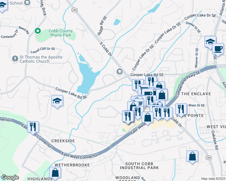 map of restaurants, bars, coffee shops, grocery stores, and more near 4542 Coopers Creek Place Southeast in Smyrna
