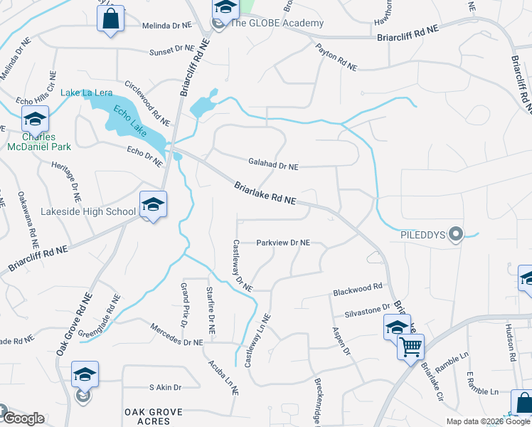 map of restaurants, bars, coffee shops, grocery stores, and more near 2714 Briarlake Woods Way Northeast in Atlanta