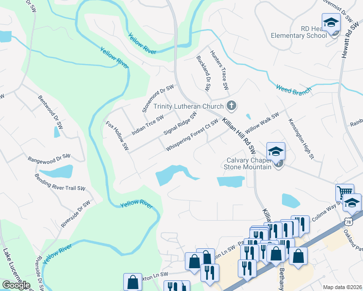 map of restaurants, bars, coffee shops, grocery stores, and more near 4102 Whispering Forest Court Southwest in Lilburn