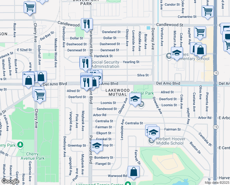 map of restaurants, bars, coffee shops, grocery stores, and more near 2906 Allred Street in Lakewood