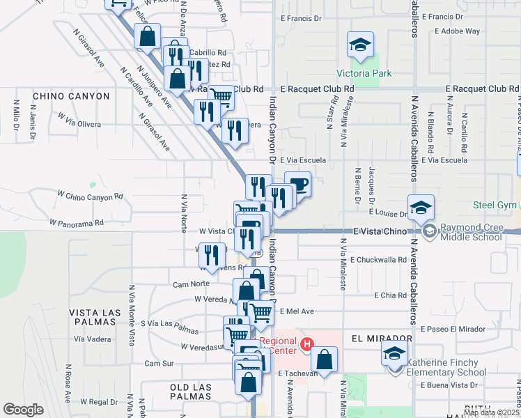 map of restaurants, bars, coffee shops, grocery stores, and more near 1875 North Palm Canyon Drive in Palm Springs