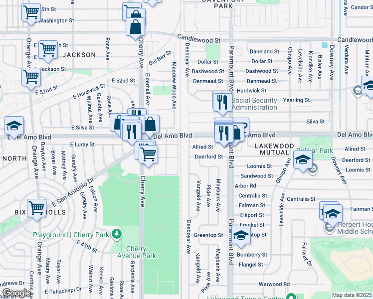 map of restaurants, bars, coffee shops, grocery stores, and more near 4817 Deeboyar Avenue in Lakewood