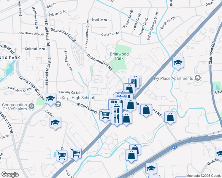map of restaurants, bars, coffee shops, grocery stores, and more near 1369 Keys Crossing Drive Northeast in Atlanta