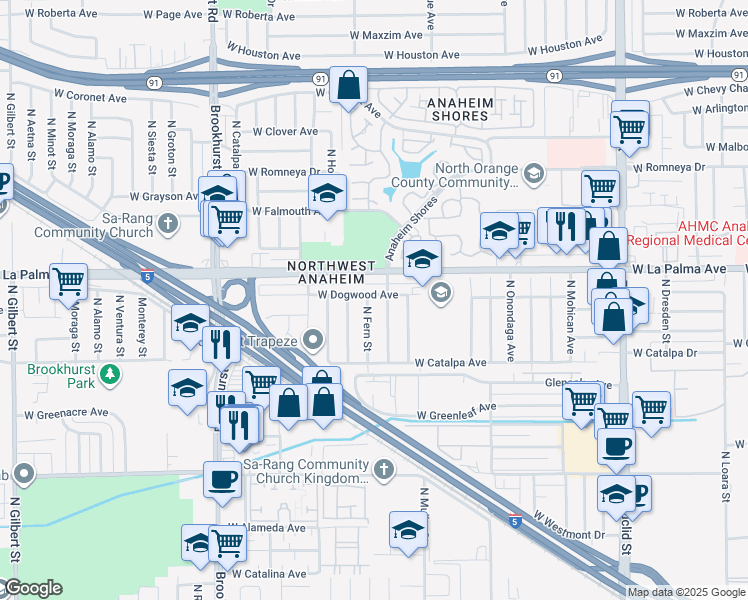 map of restaurants, bars, coffee shops, grocery stores, and more near 2012 West Dogwood Avenue in Anaheim