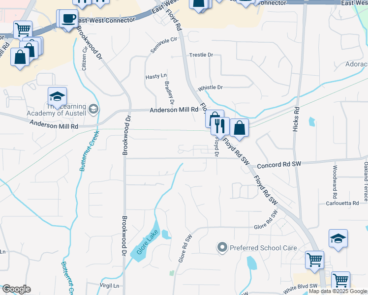 map of restaurants, bars, coffee shops, grocery stores, and more near 1240 Parktown Drive Southwest in Mableton