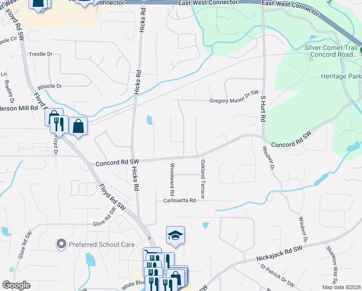 map of restaurants, bars, coffee shops, grocery stores, and more near 4390 Conwhey Court Southwest in Smyrna