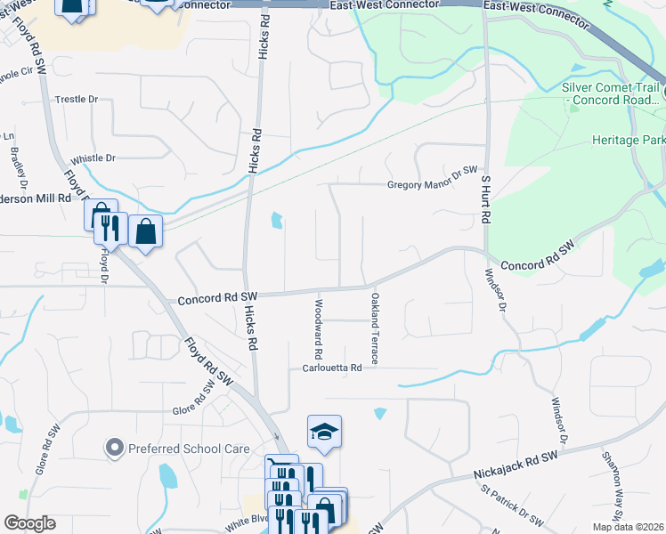 map of restaurants, bars, coffee shops, grocery stores, and more near 4390 Conwhey Court Southwest in Smyrna