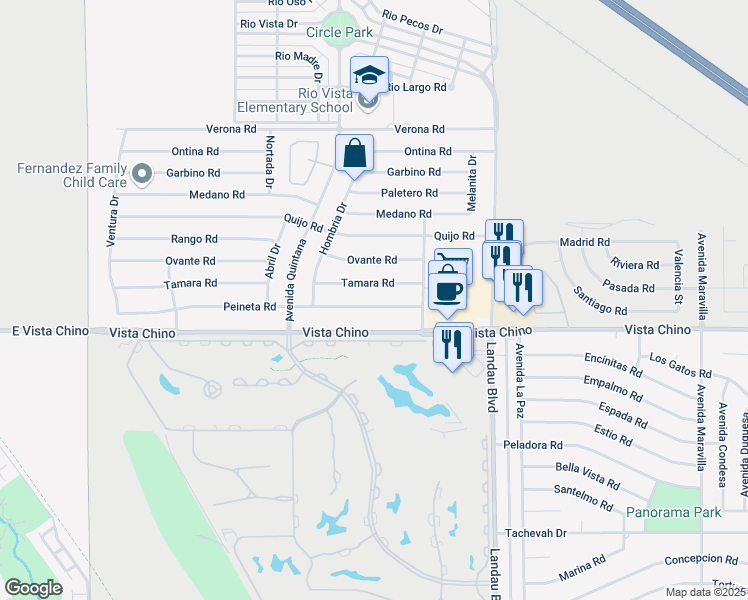 map of restaurants, bars, coffee shops, grocery stores, and more near 67700 Peineta Road in Cathedral City