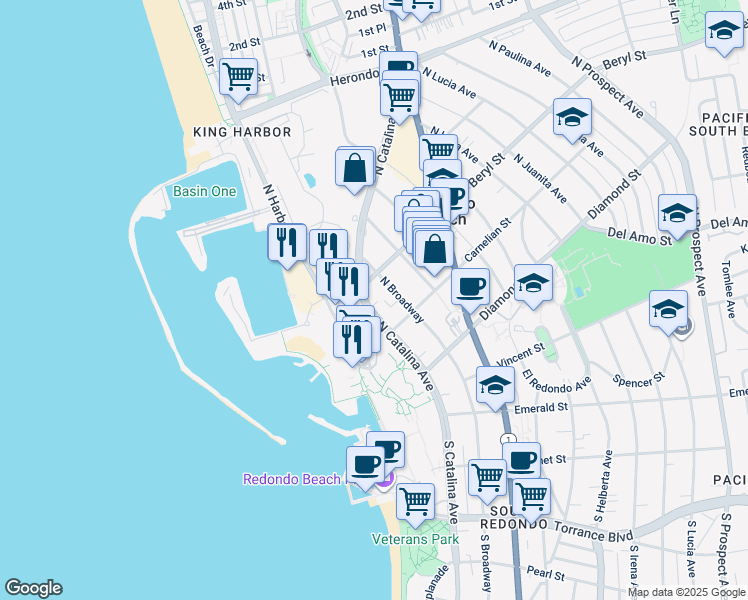 map of restaurants, bars, coffee shops, grocery stores, and more near in Redondo Beach