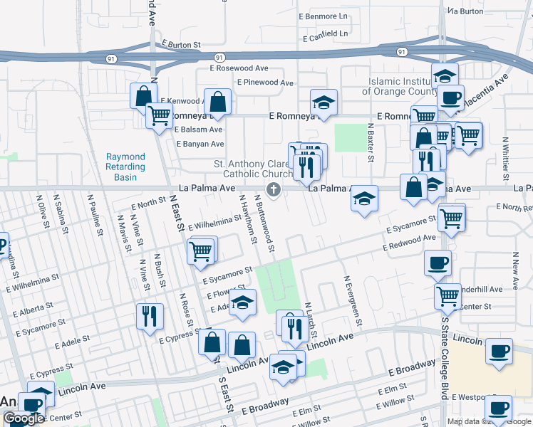 map of restaurants, bars, coffee shops, grocery stores, and more near 638 North Buttonwood Street in Anaheim