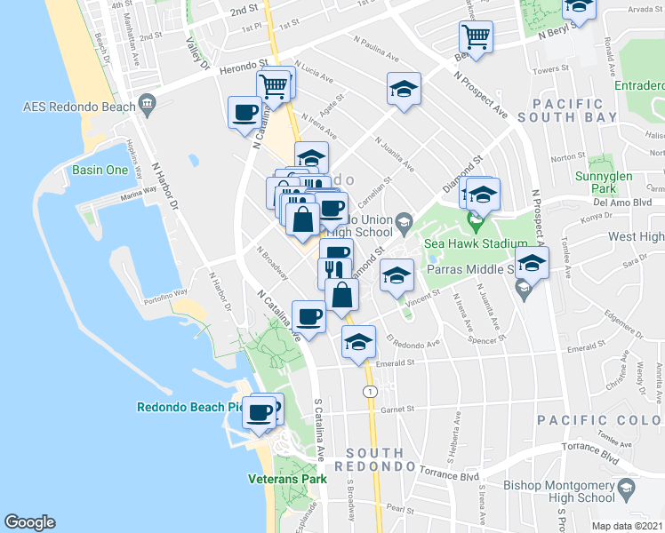 map of restaurants, bars, coffee shops, grocery stores, and more near 312 California 1 in Redondo Beach