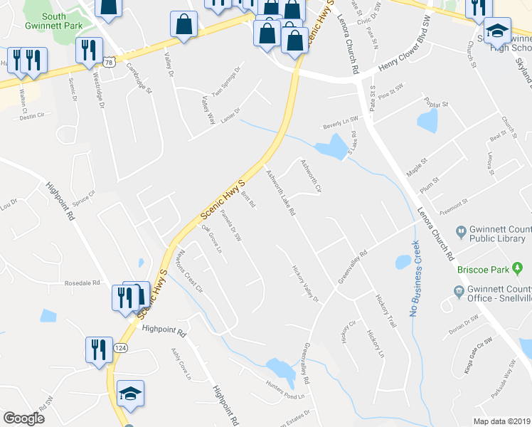 map of restaurants, bars, coffee shops, grocery stores, and more near 2544 Britt Road in Snellville