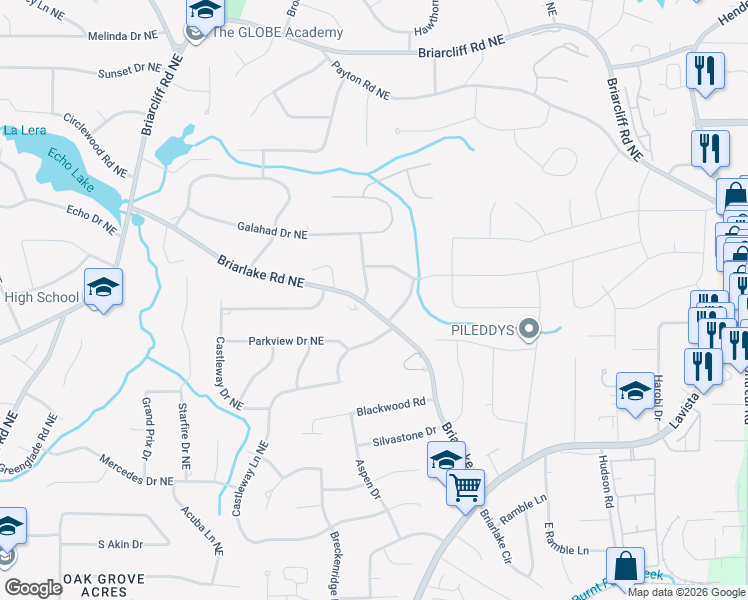map of restaurants, bars, coffee shops, grocery stores, and more near 2117 Greensward Drive Northeast in Atlanta