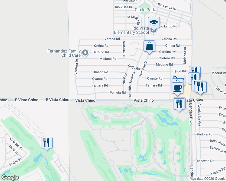map of restaurants, bars, coffee shops, grocery stores, and more near 67370 Peineta Road in Cathedral City