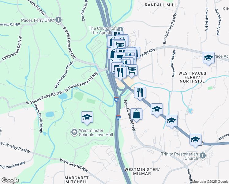 map of restaurants, bars, coffee shops, grocery stores, and more near Georgia 401 in Atlanta