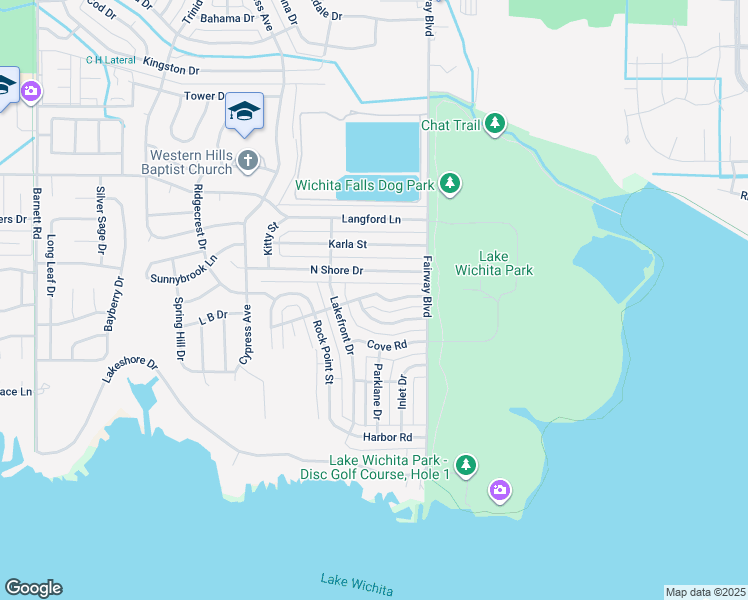map of restaurants, bars, coffee shops, grocery stores, and more near 4619 Meadow Lake Drive in Wichita Falls