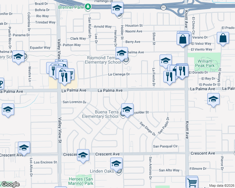 map of restaurants, bars, coffee shops, grocery stores, and more near 6441 San Diego Drive in Buena Park