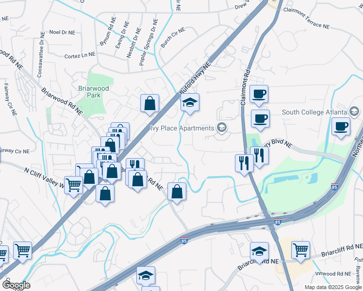 map of restaurants, bars, coffee shops, grocery stores, and more near 1653 Clairmont Court Northeast in Atlanta